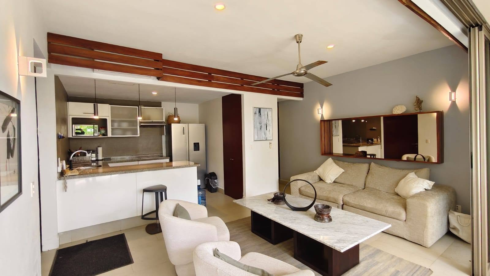 Furnished living room and kitchen