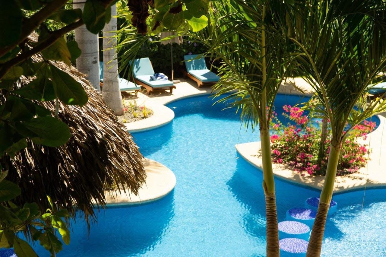 Hotel pool and tropical landscaping