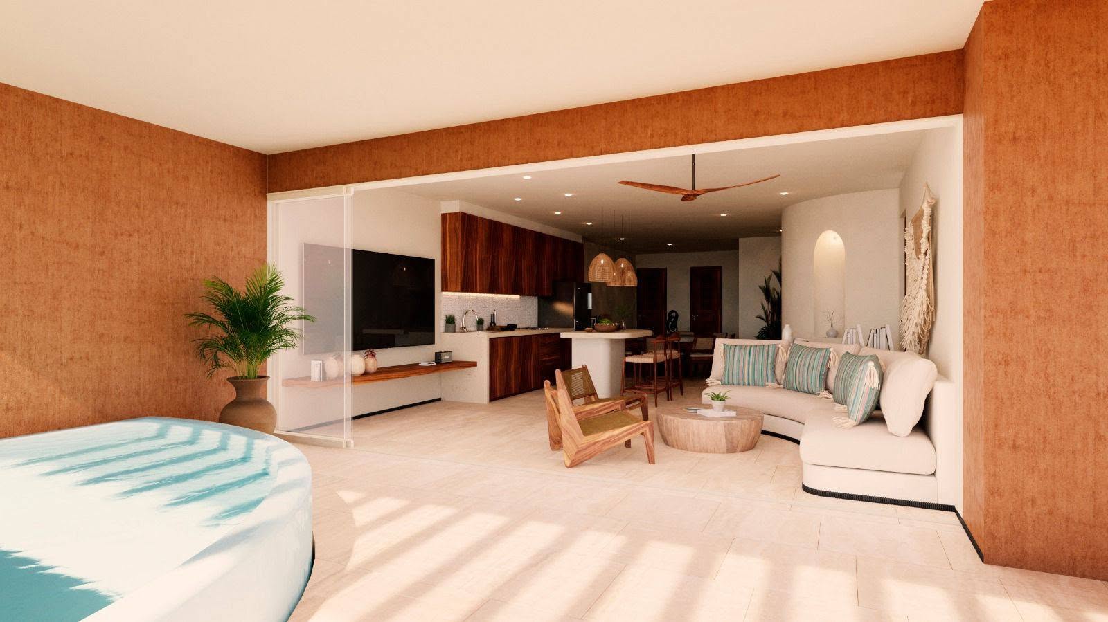 Indoor-outdoor living room and kitchen
