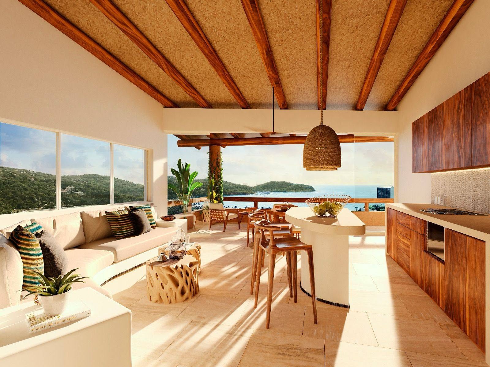 Open kitchen and living area with bay view